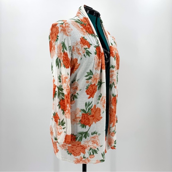 H&M Orange Floral 3/4 Sleeve Open Front Lightweight Knit Cardigan, Large - Picture 9 of 16